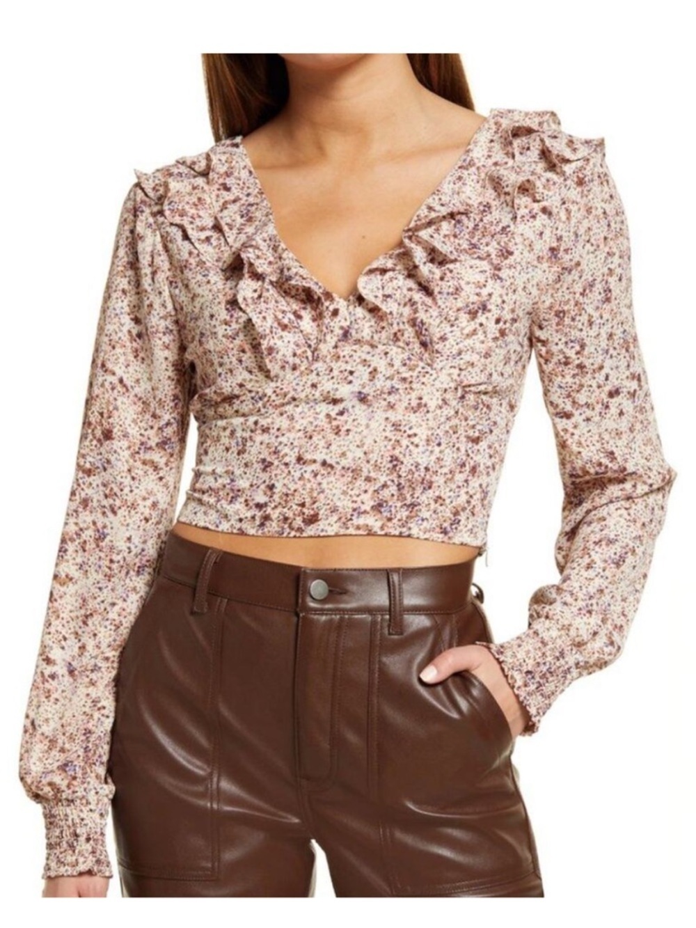 Open Edit Women's ivory multi Flower fields Ruffle V-Neck Blouse crop smocked L